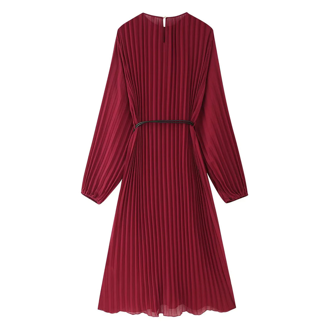 Damen plissiertes Midikleid mit langen Ärmeln, Tunnelzug-Taille und feinem Metallring-Gürtel – Élara