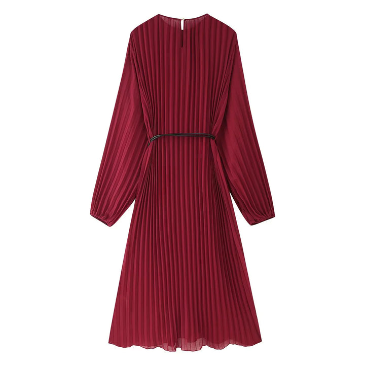 Damen plissiertes Midikleid mit langen Ärmeln, Tunnelzug-Taille und feinem Metallring-Gürtel – Élara