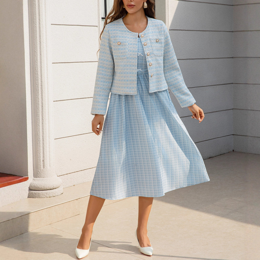 Damen Zweiteiliges Bouclé-Jacken-Set mit tailliertem Gingham-Midikleid Echoarchiv