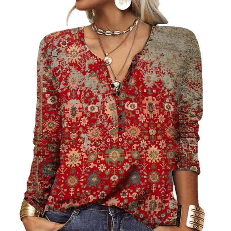 Damen Lockeres Langarm‑Henleyshirt mit V‑Ausschnitt, Knopfleiste und Ombre‑Print – Avérine