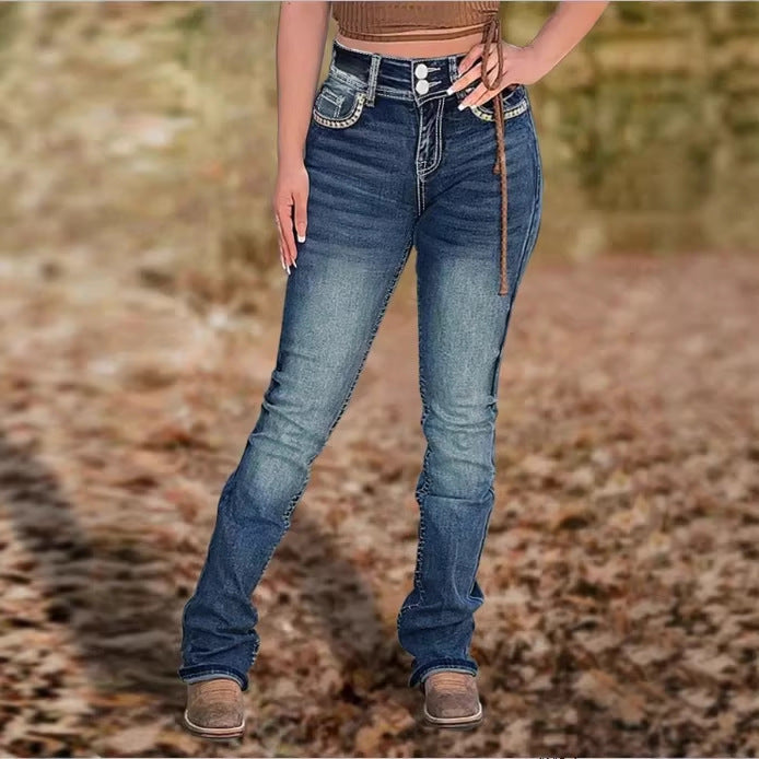 Damen Hochtaillierte Slim‑Straight Jeans mit V‑förmigem Bund und Superstretch-Denim Echo Archiv