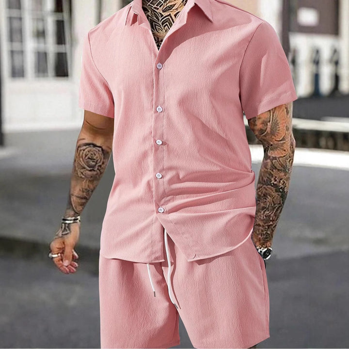 Herren lässiges Shorts-Set mit knöpfbarem Oberteil und elastischem Bund Echoarchiv