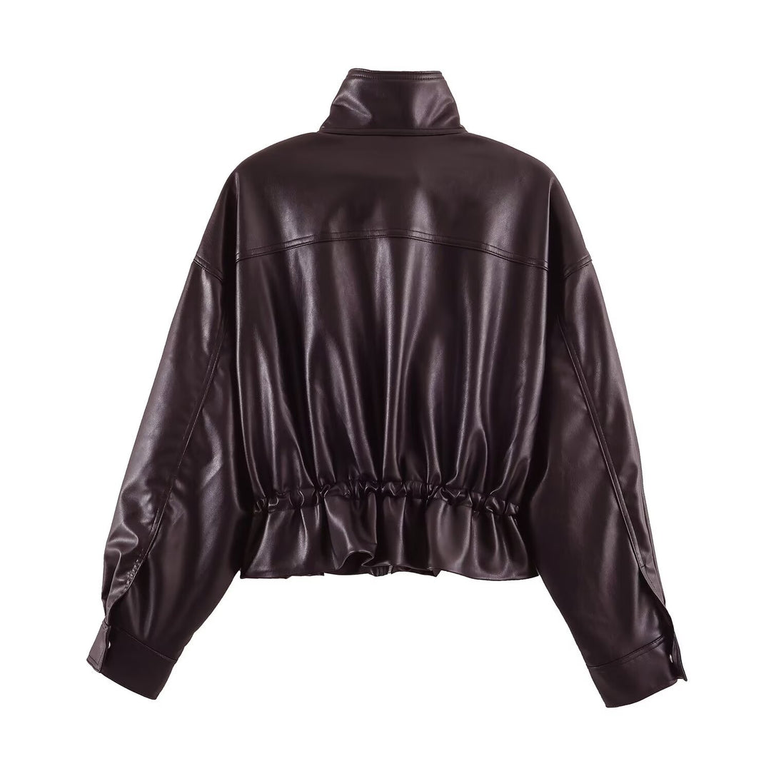 Damen Kurzer Oversize Kunstleder-Bomber mit Stehkragen, Pattentaschen und Kordelzug Echo Archiv