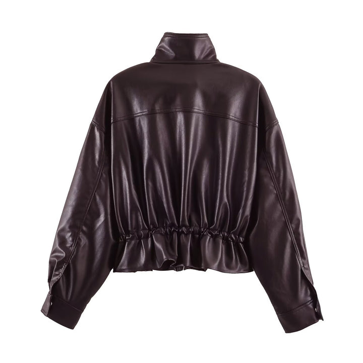 Damen Kurzer Oversize Kunstleder-Bomber mit Stehkragen, Pattentaschen und Kordelzug Echo Archiv
