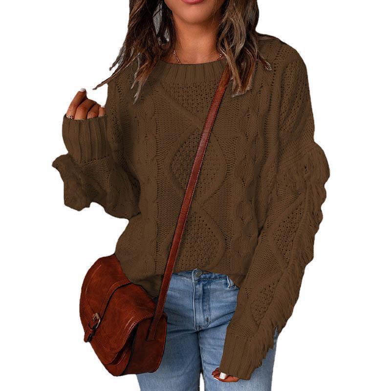 Damen Grobstrick-Pullover mit Zopfstruktur, fransigen Ärmeln und legerer Oversize-Passform Echo Archiv