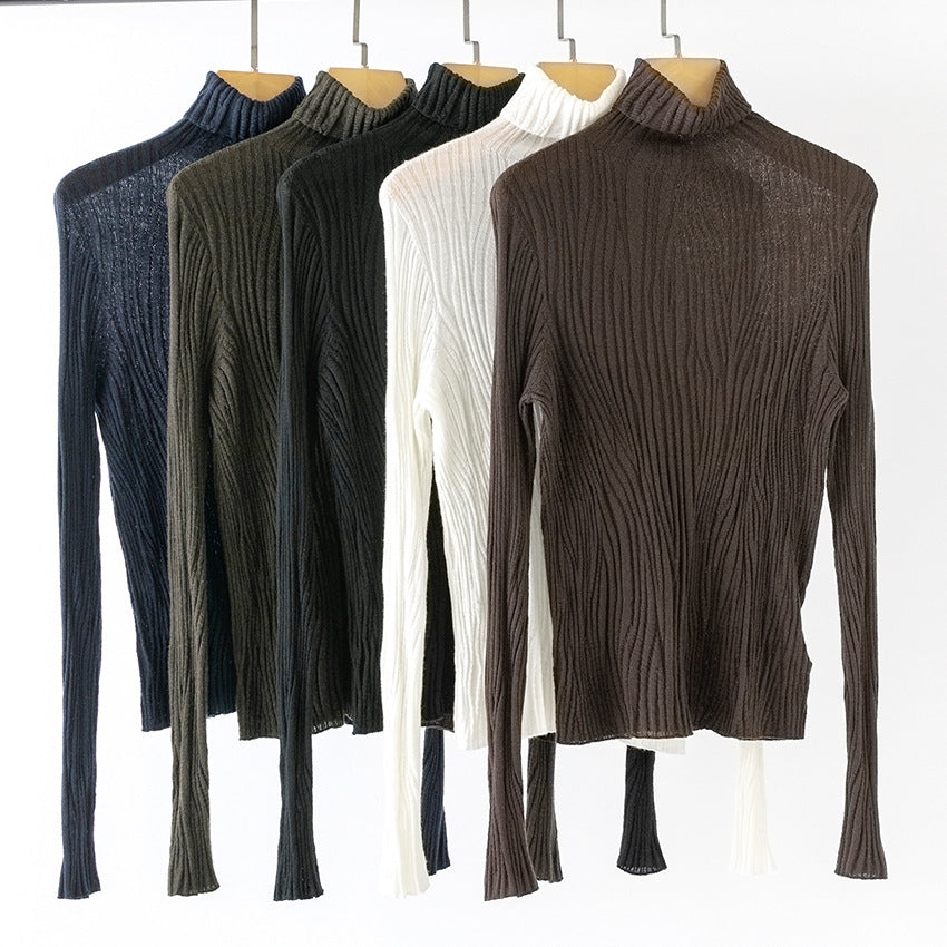 Damen Schlanker Feinstrick-Rollkragenpullover mit wellenförmiger Rippstruktur Echoarchiv