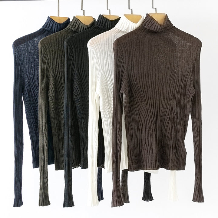Damen Schlanker Feinstrick-Rollkragenpullover mit wellenförmiger Rippstruktur Echoarchiv