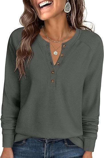 Damen Waffelstrick-Henley-Longsleeve mit Knopfleiste, Raglanärmeln und gerippten Bündchen Echo Archiv