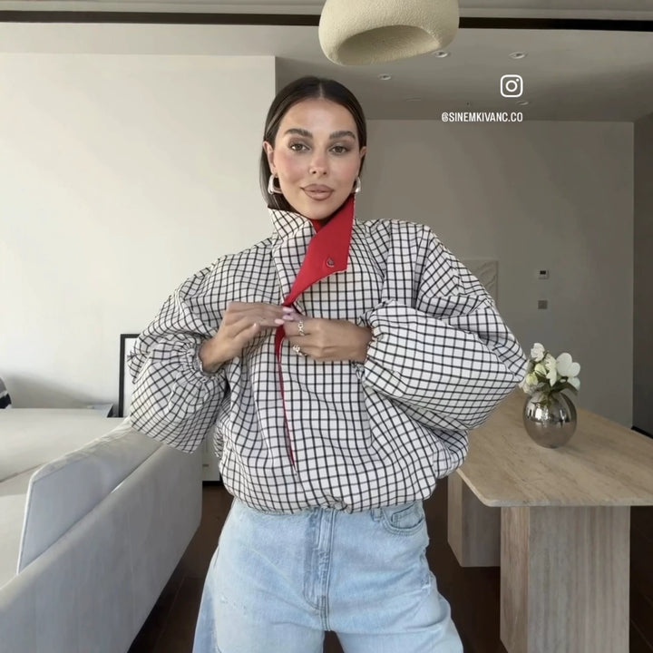 Damen Oversize-Bluse mit Stehkragen, karierter Optik und Ballonärmeln Echo Archiv