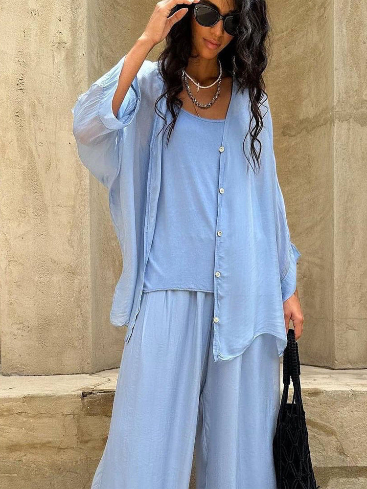 Damen Dreiteiliges Loungewear-Set aus leichter Viskose mit Oversize-Bluse, Top und weiter Palazzohose Echoarchiv
