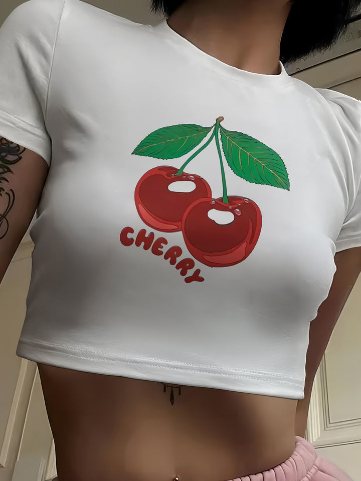 Damen Crop-T-Shirt mit fruchtigem Kirschdesign und lockerem Schnitt Echo Archiv