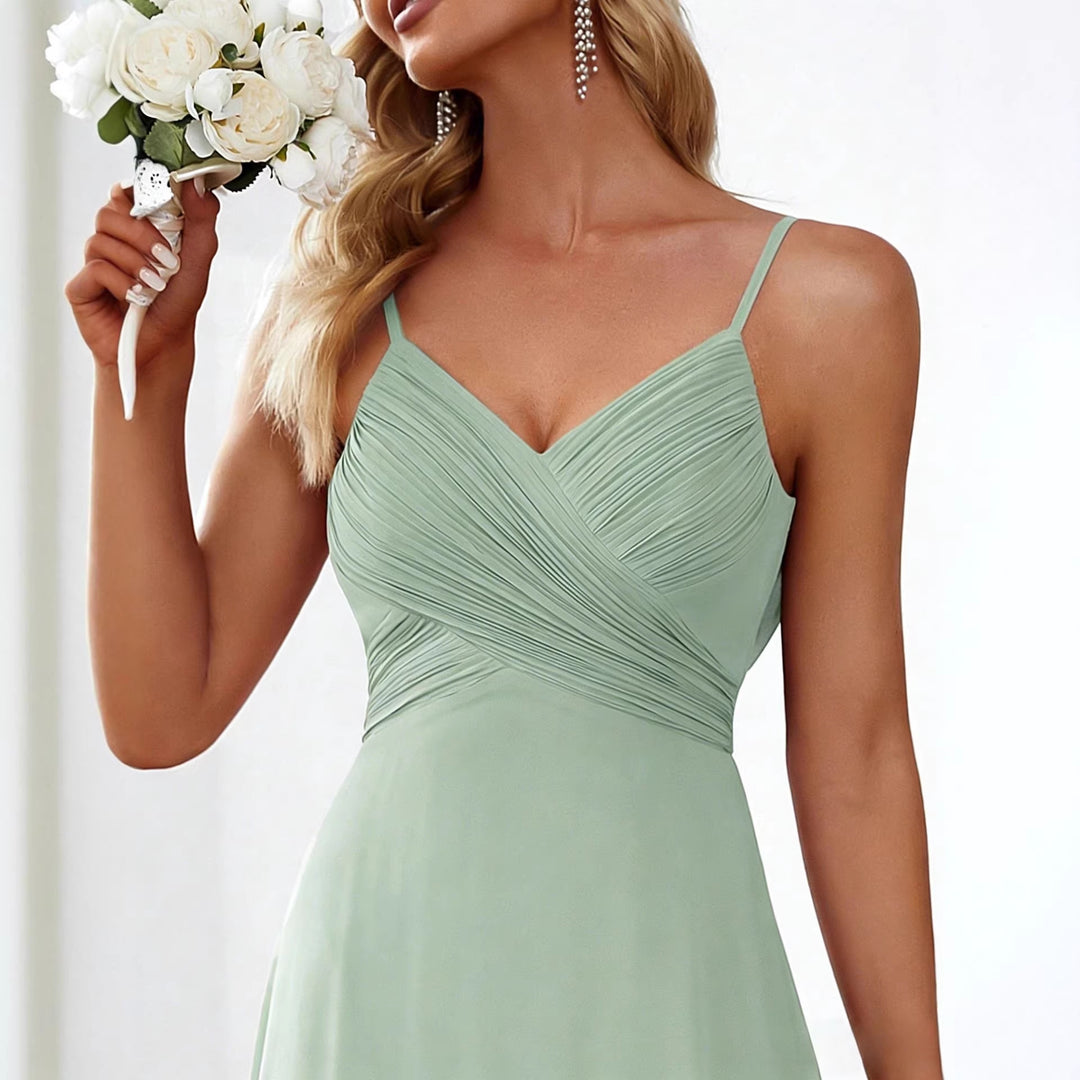 Damen nan fließendes Chiffon-Abendkleid mit überkreuzter Drapage, Empire-Taille und feinen Spaghettiträgern Echo Archiv