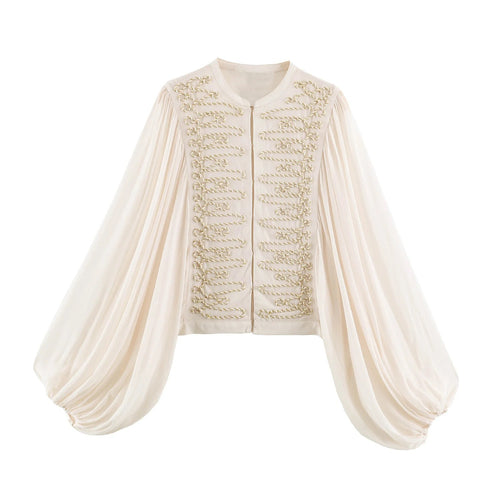 Damen Kurze Bluse‑Jacke mit dekorativer Kordelverzierung und voluminösen Plisseeärmeln Echo Archiv