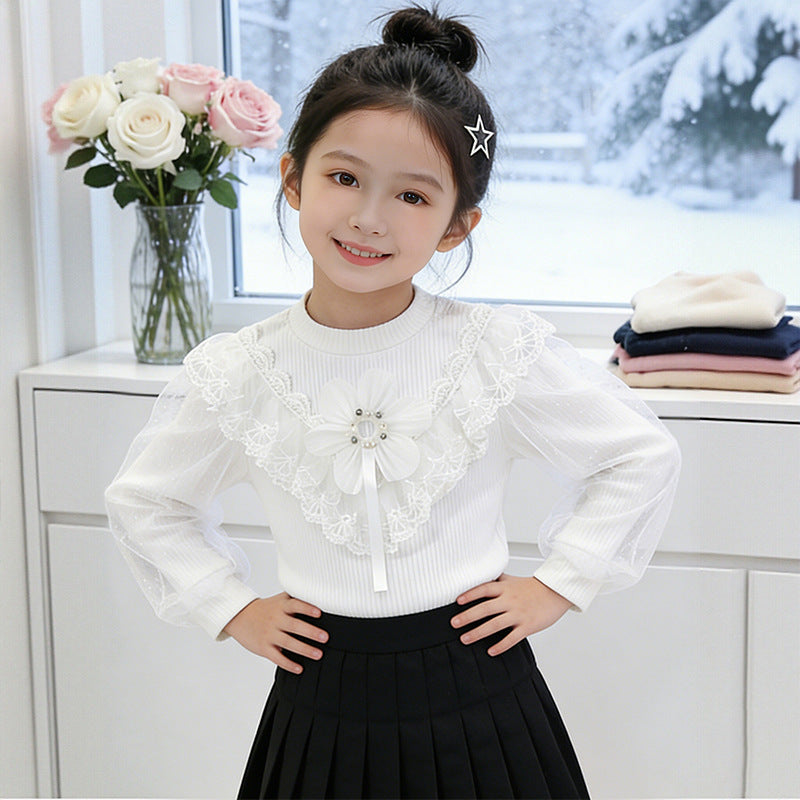 Mädchen elegante Bluse mit floralen Applikationen und transparenter Spitze Echo Archiv