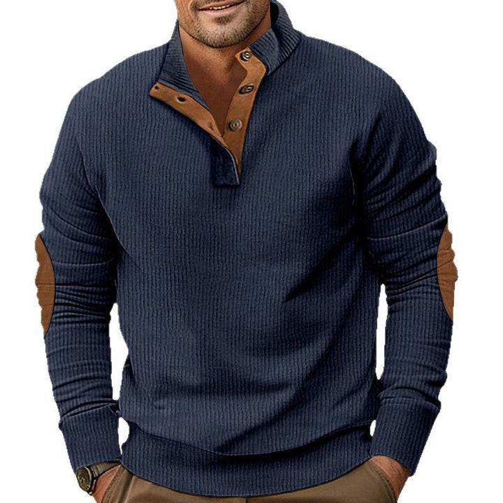 Herren nan geripptes Henley-Langarmshirt mit Stehkragen und Leder-Ellbogenpatches Echo Archiv