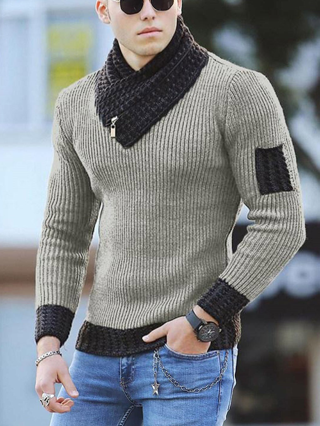 Herren modischer Strickpullover mit asymmetrischem Kragen Echoarchiv