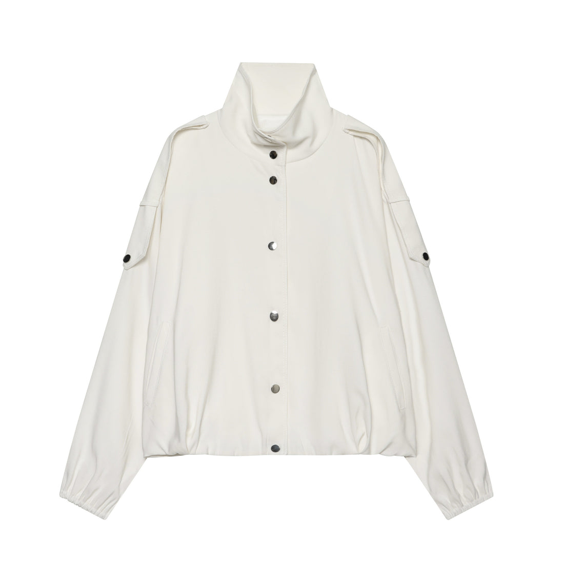 Damen oversized Kurzjacke mit hohem Stehkragen Druckknopffront und aufgesetzter Ärmeltasche – Célinea