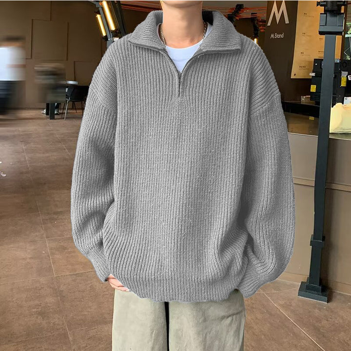 Herren Weicher Oversize-Rippenstrick-Pullover mit verdecktem Halbzip und Polokragen Echoarchiv