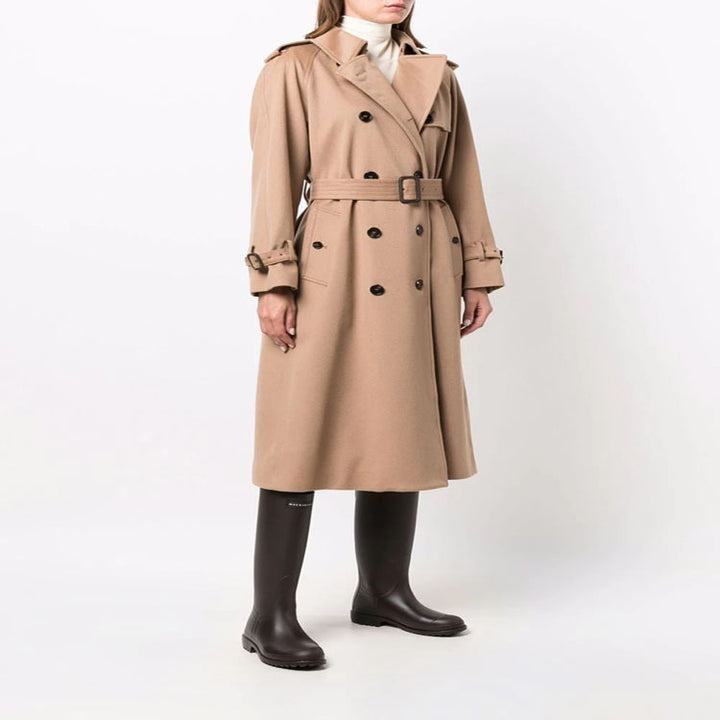 Damen Midilanger Wollmix-Trenchcoat im Tailoring mit Doppelreihe, Taillengürtel und Epauletten Echoarchiv