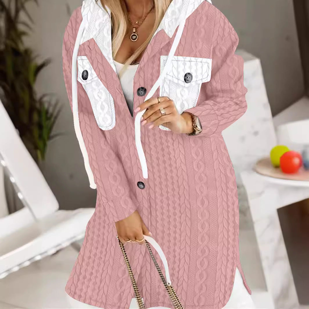 Damen Longline-Strickmantel mit Kapuze, Zierknöpfen und Kontrasttaschen – Montévia