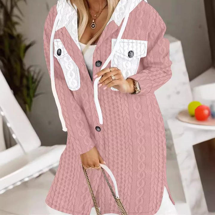 Damen Longline-Strickmantel mit Kapuze, Zierknöpfen und Kontrasttaschen – Montévia