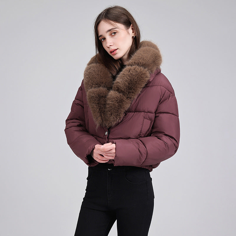 Damen cropped Isolationsjacke mit voluminösem Kunstpelz-Schalkragen und elastischem Saum – Célinea