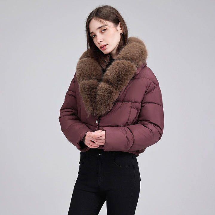 Damen cropped Isolationsjacke mit voluminösem Kunstpelz-Schalkragen und elastischem Saum – Célinea