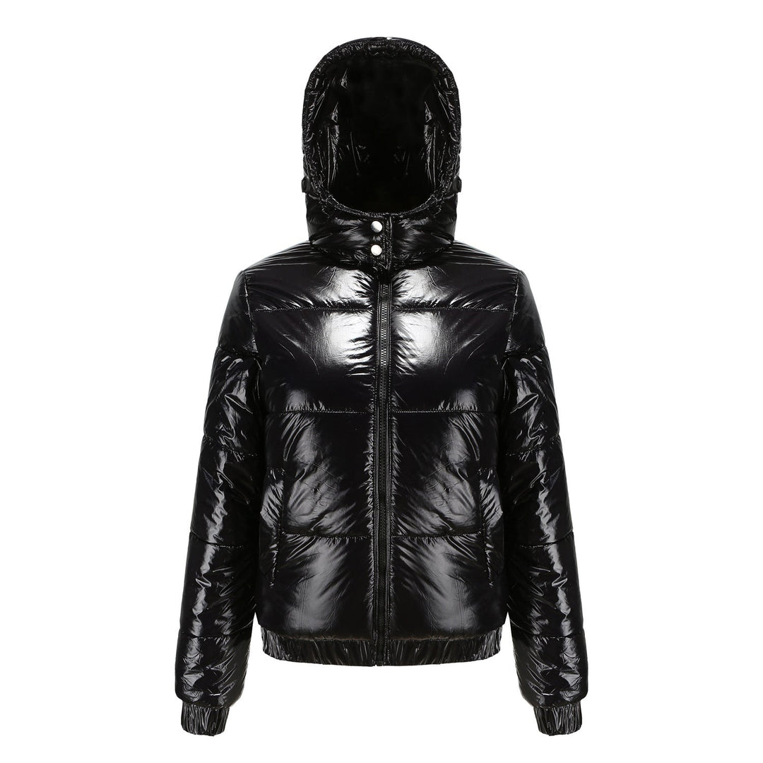 Damen Hochglänzende Steppjacke mit abnehmbarer Kapuze – Célinea