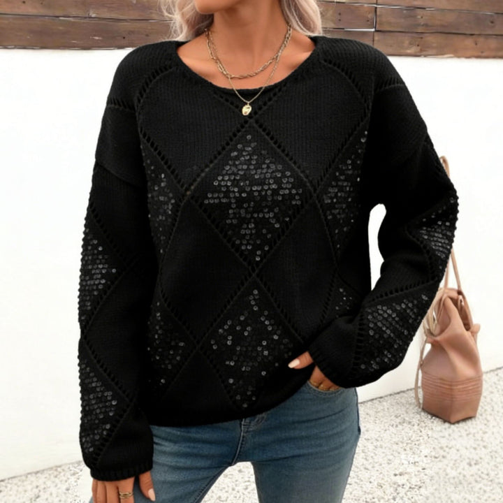 Damen Grobgestrickter Oversize-Pullover mit Ajour‑Rautenmuster und Pailletten – Mavelle