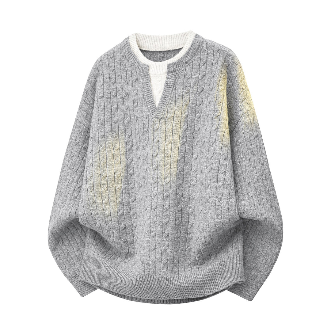 Damen Oversize Zopfstrick-Pullover mit V‑Ausschnitt und Lagenkragen Echoarchiv