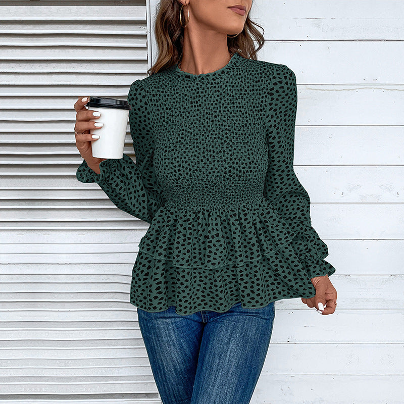 Damen Gesmokte Volant-Bluse mit Rüschen-Taille und langen Ärmeln Echoarchiv