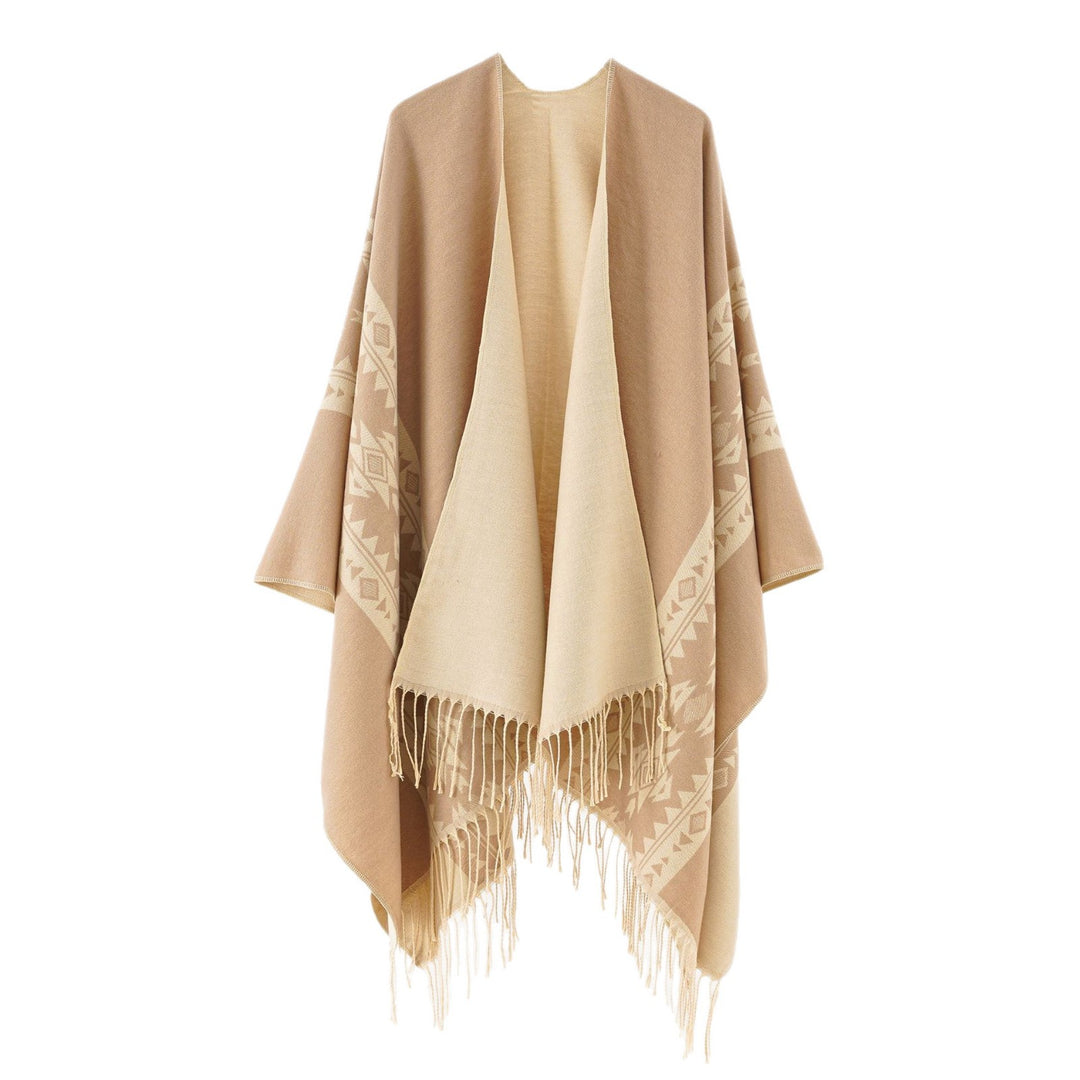 Damen Oversize-Poncho mit Fransen und Jacquardmuster – Avérine