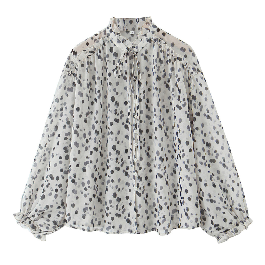 Damen Chiffonbluse mit Volant-Stehkragen, Bindeband, Knopfleiste und ballonförmigen Ärmeln – Élovi