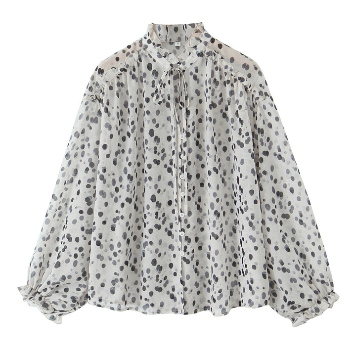 Damen Chiffonbluse mit Volant-Stehkragen, Bindeband, Knopfleiste und ballonförmigen Ärmeln – Élovi