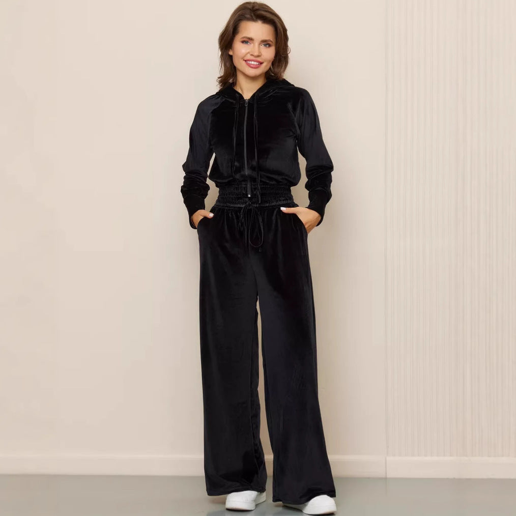 Damen luxuriöses Velours-Lounge-Set mit kurzem Reißverschluss-Hoodie und weitem Comfort-Hose – Auréline
