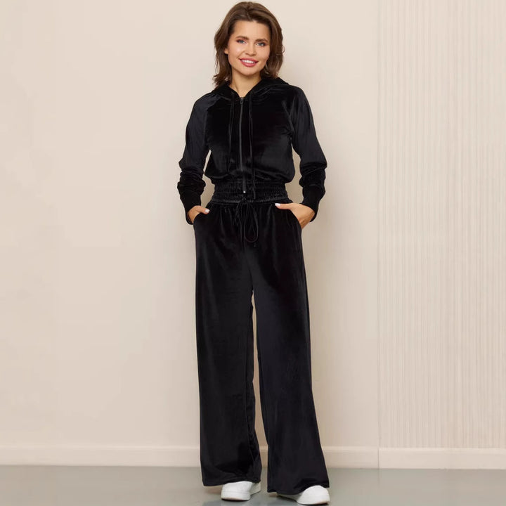 Damen luxuriöses Velours-Lounge-Set mit kurzem Reißverschluss-Hoodie und weitem Comfort-Hose – Auréline