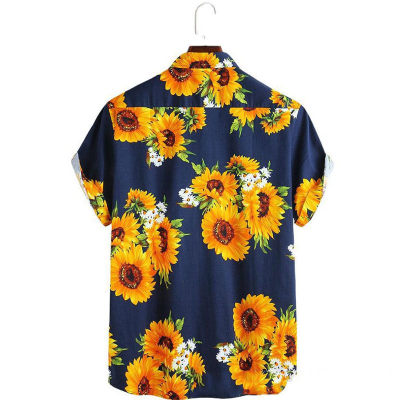 Herren Kurzarmhemd mit farbenfrohem Sonnenblumenmuster und leichtem Baumwollstoff Echoarchiv