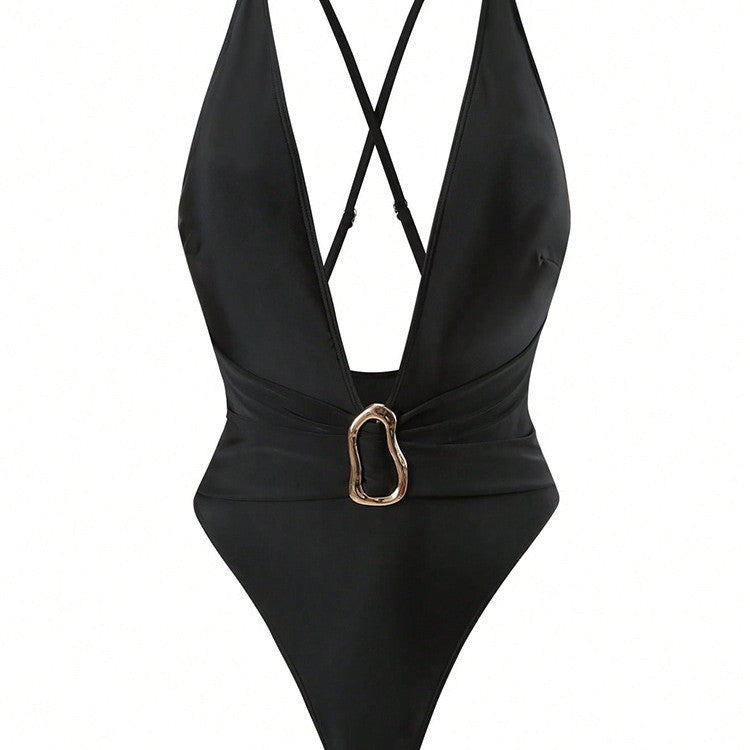 Damen Einteiler Badeanzug mit tiefem V-Ausschnitt und elegantem Schmuckelement Echo Archiv