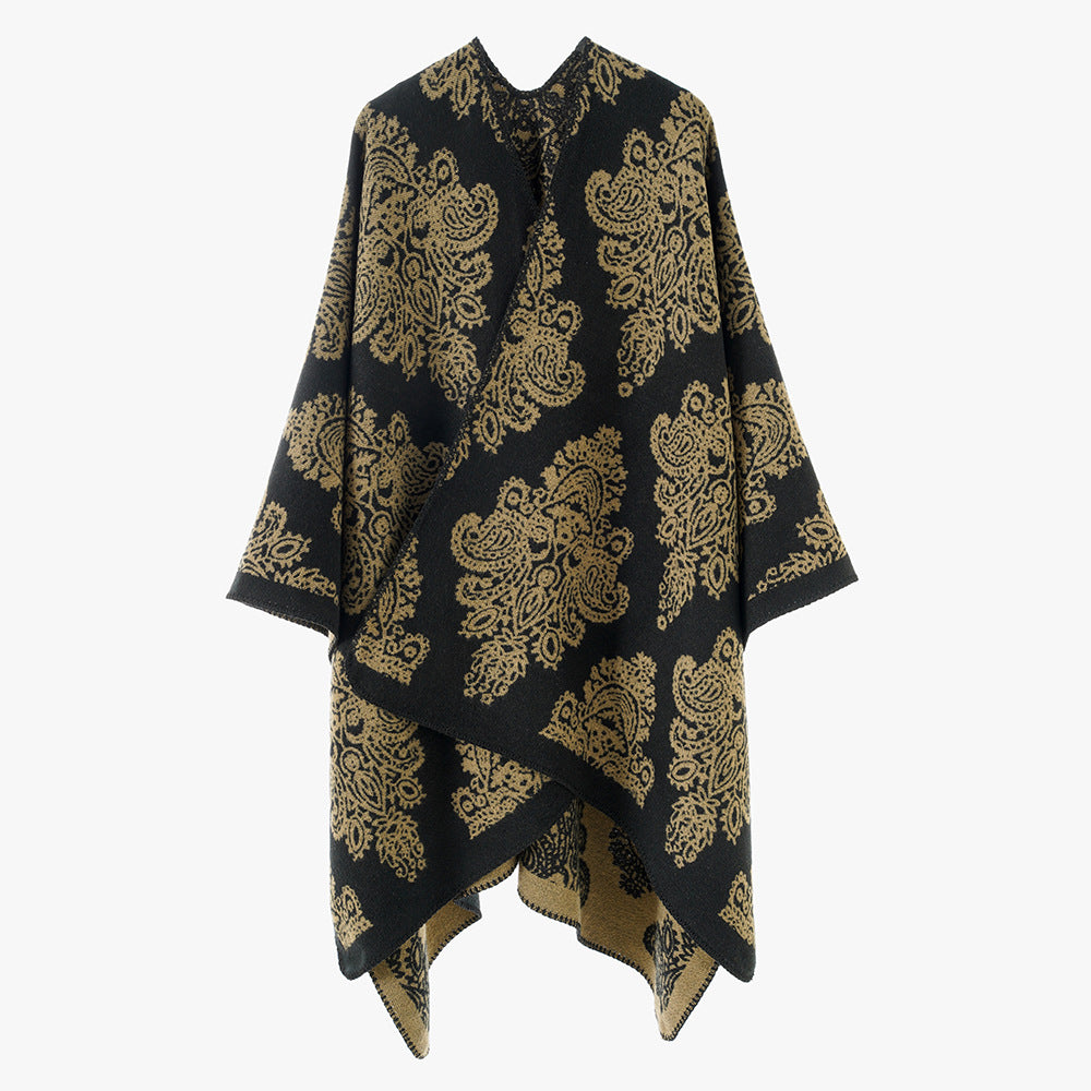 Damen Wollmix-Capeponcho mit beidseitigem Jacquard‑Paisley und kontrastierter Rollkante – Montévia