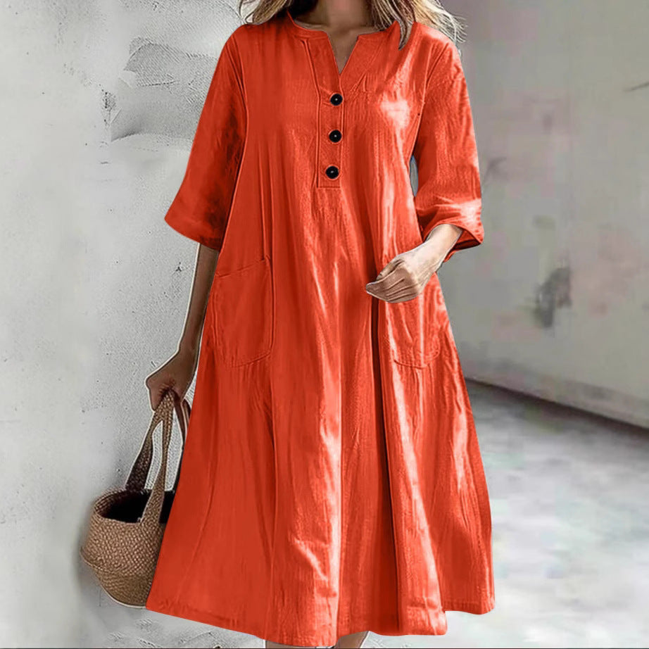 Damen nan locker fallendes A-Linien Kleid mit V-Ausschnitt-Knopfleiste, 3/4-Ärmeln und aufgesetzten Eingrifftaschen Echo Archiv