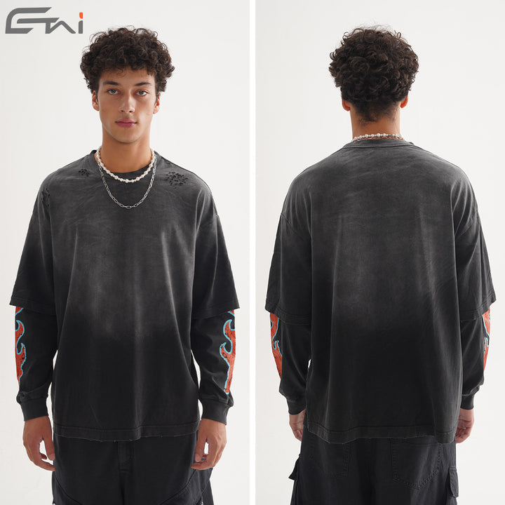 Herren Oversize-Langarmshirt mit doppeltem Lagenlook und Used-Details Echo Archiv