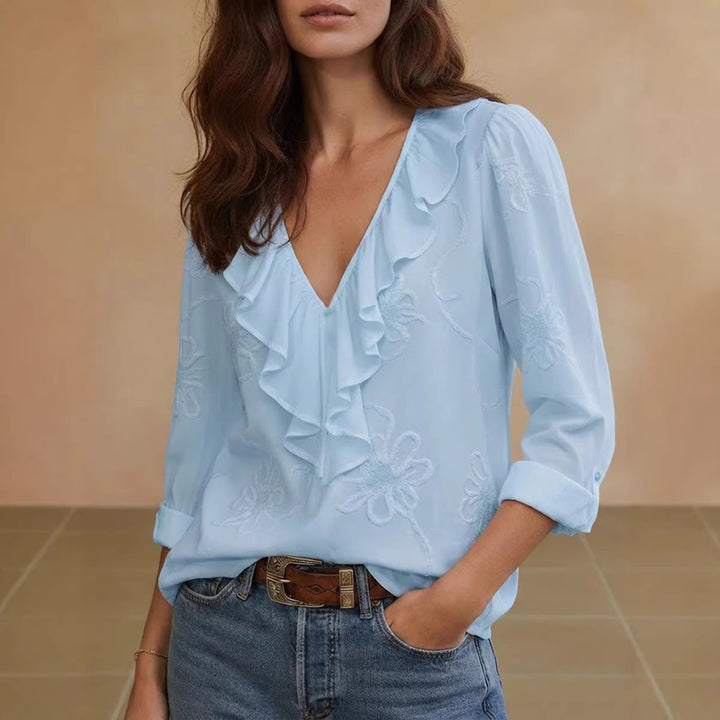 Damen elegante Bluse mit Volant und floralem Stickmuster Echo Archiv