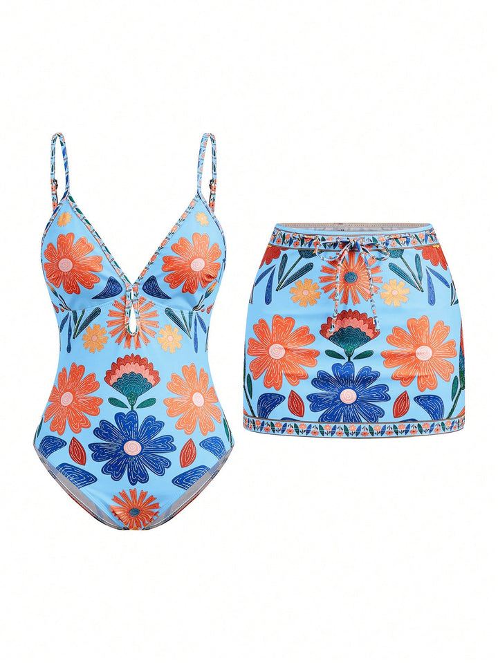 Damen Bikini-Set mit floralem Design und passendem Rock Echo Archiv