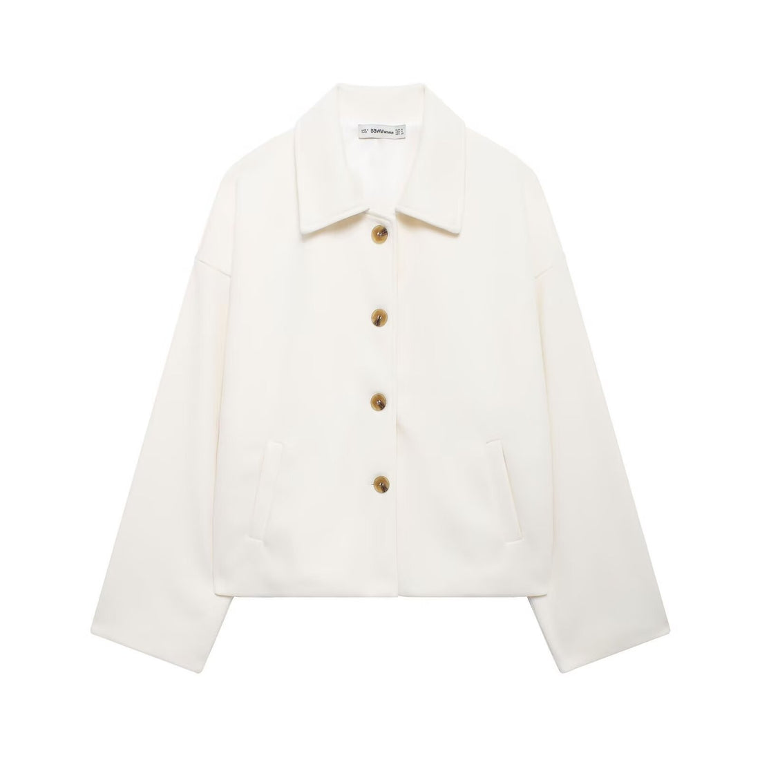 Damen kurze kastige Wolljacke mit Hemdkragen, durchgehender Knopfleiste und eingesetzten Eingrifftaschen – Célinea