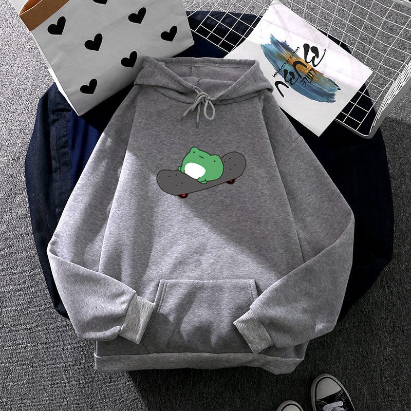 Unisex Kapuzenpullover mit Skater-Frosch-Print, weichem Fleece-Innenfutter und Kängurutasche – Auréline