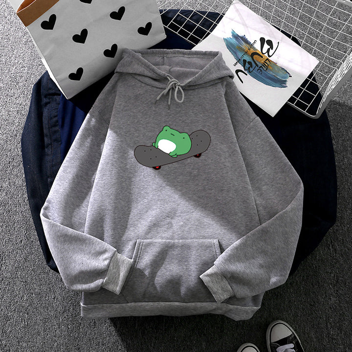 Unisex Kapuzenpullover mit Skater-Frosch-Print, weichem Fleece-Innenfutter und Kängurutasche – Auréline