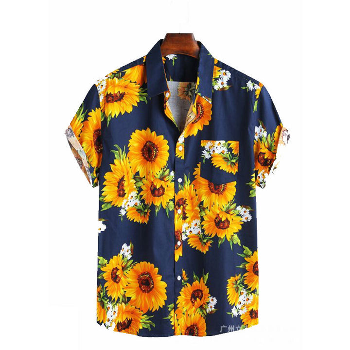 Herren Kurzarmhemd mit farbenfrohem Sonnenblumenmuster und leichtem Baumwollstoff Echoarchiv