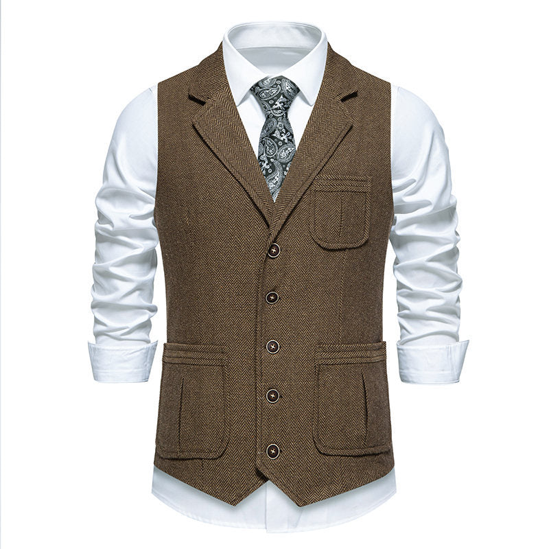 Herren Tweed‑Weste mit Fischgrätmuster, Reverskragen und aufgesetzten Taschen Echo Archiv