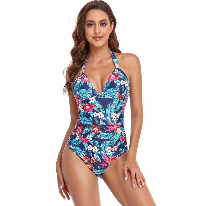 Damen einteiliger Badeanzug mit elegantem V-Ausschnitt und floralen Akzenten Echo Archiv