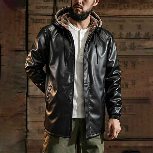 Herren Modische Kunstlederjacke mit Kapuze und Fleecefutter Echo Archiv